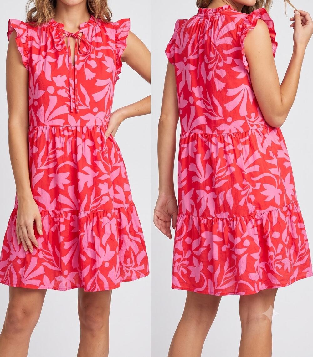 Time and Tru Womens Medium 8-10 Dress Pink Flutter Sleeve Mini Dress Cotton
